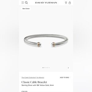 Classic Cable Bracelet in Sterling Silver with 18K Yellow Gold, 4mm